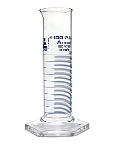 Eisco Labs Measuring Cylinder, 100ml - Class A - Squat Form, Blue Graduations
