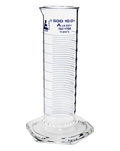 Eisco Labs Measuring Cylinder, 500ml - Class A, Tolerance: ±2.50ml - Squat Form, Blue Graduations - Borosilicate Glass - Eisco Labs