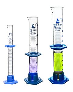Eisco Labs Measuring Cylinder Set, Class B - 10ml, 50ml & 100ml - Detachable, Plastic Hexagonal Bases & Protective Collars - Blue Graduations - Borosilicate Glass - Eisco Labs