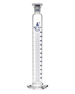 Eisco Labs Measuring Cylinder, 250ml - Class B Tolerance ±2.00ml - Polypropylene Stopper, 24/29 - Hexagonal Base - Blue Graduations - Borosilicate 3.3 Glass - Eisco Labs