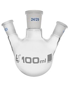 Eisco Labs Distilling Flask, 100ml - 3 Angled Necks, 24/29 Center, 14/23 Side Sockets - Interchangeable Ground Joints - Round Bottom - Borosilicate Glass - Eisco Labs