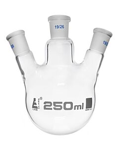 Eisco Labs Distilling Flask, 250ml - 3 Angled Necks, 19/26 Center, 19/26 Side Sockets - Interchangeable Ground Joints - Round Bottom - Borosilicate Glass - Eisco Labs
