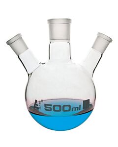 Eisco Labs Distilling Flask, 500ml - 3 Angled Necks, 24/29 Center, 14/23 Side Sockets - Interchangeable Ground Joints - Round Bottom - Borosilicate Glass - Eisco Labs