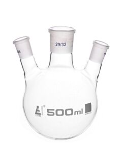 Eisco Labs Distilling Flask, 500ml - 3 Angled Necks, 29/32 Center, 19/26 Side Sockets - Interchangeable Ground Joints - Round Bottom - Borosilicate Glass - Eisco Labs