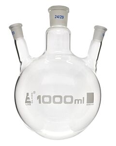Eisco Labs Distilling Flask, 1000ml - 3 Angled Necks, 24/29 Center, 14/23 Side Sockets - Interchangeable Ground Joints - Round Bottom - Borosilicate Glass - Eisco Labs