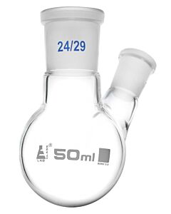 Eisco Labs Distilling Flask, 50ml - 24/29 Oblique Neck - 14/23 Side Socket - Round Bottom - Borosilicate Glass - Eisco Labs