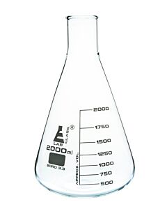 Eisco Labs Erlenmeyer Flask, 2000ml - Borosilicate Glass - Narrow Neck, Conical Shape - White Graduations - Eisco Labs