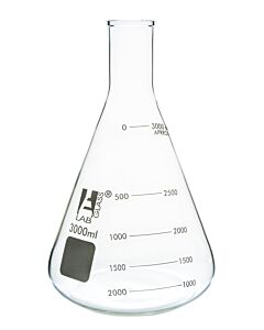 Eisco Labs Erlenmeyer Flask, 3000ml - Borosilicate Glass - Narrow Neck, Conical Shape - White Graduations - Eisco Labs