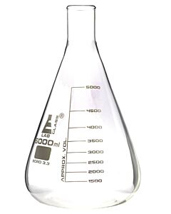 Eisco Labs Erlenmeyer Flask, 5000ml - Borosilicate Glass - Narrow Neck, Conical Shape - White Graduations - Eisco Labs