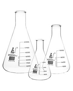 Eisco Labs Erlenmeyer Flasks Set, 3 Pieces - 500ml, 1000ml & 2000ml - Borosilicate Glass - Narrow Neck, Conical Shape - White Graduations - Eisco Labs