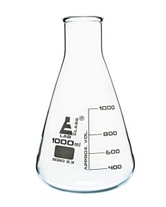 Eisco Labs Erlenmeyer Flask, 1000ml - Borosilicate Glass - Wide Neck, Conical Shape - White Graduations - Eisco Labs