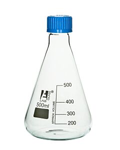 Eisco Labs Erlenmeyer Flask, 500ml - Borosilicate Glass - With Ptfe Screw Cap - Conical Shape - White Graduations - Eisco Labs