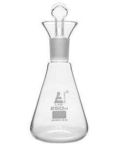 Eisco Labs Iodine Flask & Stopper, 250ml - 24/29 Socket Size, Interchangeable Stopper - Conical Shape - Borosilicate Glass - Eisco Labs