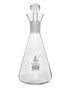 Eisco Labs Iodine Flask & Stopper, 500ml - 29/32 Socket Size, Interchangeable Stopper - Conical Shape - Borosilicate Glass - Eisco Labs