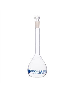 Eisco Labs Volumetric Flask, 200ml - Class A - Hexagonal, Hollow Glass Stopper - Single, Blue Graduation - Eisco Labs