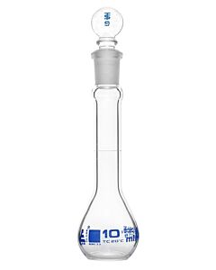 Eisco Labs Volumetric Flask, 10ml - Class A, Astm - Tolerance ±0.020 Ml - Glass Stopper - Single, Blue Graduation - Eisco Labs