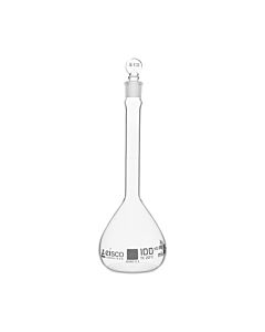 Eisco Labs Volumetric Flask, 100ml - Astm, Class A Tolerance ±0.08ml - #13 Glass Stopper - Single, White Graduation - Borosilicate Glass - Eisco Labs