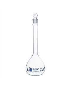 Eisco Labs Volumetric Flask, 200ml - Class A, Astm - Tolerance ±0.100 Ml - Glass Stopper - Single, White Graduation, Blue Printed Specifications - Borosilicate Glass - Eisco Labs