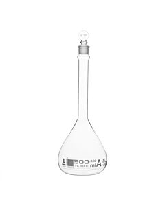 Eisco Labs Volumetric Flask, 500ml - Class A, Astm - Tolerance ±0.200 Ml - Glass Stopper - Single, White Graduation - Eisco Labs