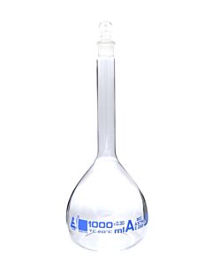 Eisco Labs Volumetric Flask, 1000ml - Class A, Astm - Tolerance ±0.300 Ml - Glass Stopper - Single, Blue Graduation - Eisco Labs