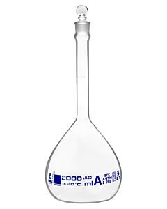 Eisco Labs Volumetric Flask, 2000ml - Class A, Astm - Tolerance ±0.500 Ml - Glass Stopper - Single, Blue Graduation - Eisco Labs