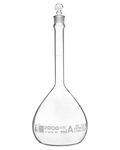 Eisco Labs Volumetric Flask, 2000ml - Class A, Astm - Tolerance ±0.500 Ml - Glass Stopper - Single, White Graduation - Eisco Labs