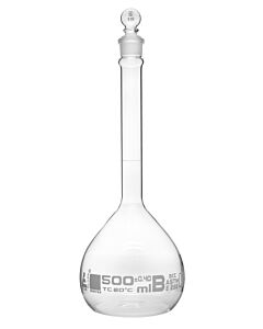 Eisco Labs Volumetric Flask, 500ml - Class B, Astm - Tolerance ±0.400 Ml - Glass Stopper - Single, White Graduation - Eisco Labs