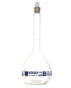 Eisco Labs Volumetric Flask, 1000ml - Class B, Astm - Tolerance ±0.600 Ml - Glass Stopper - Single, Blue Graduation - Eisco Labs