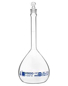 Eisco Labs Volumetric Flask, 2000ml - Class B, Astm - Tolerance ±1.000 Ml - Glass Stopper - Single, Blue Graduation - Eisco Labs