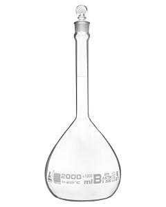 Eisco Labs Volumetric Flask, 2000ml - Class B, Astm - Tolerance ±1.000 Ml - Glass Stopper - Single, White Graduation - Eisco Labs