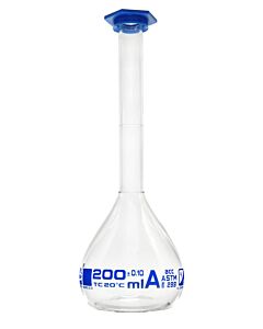 Eisco Labs Volumetric Flask, 200ml - Class A, Astm - Snap Cap - Blue Graduation Mark, Tolerance ±0.100ml - Eisco Labs