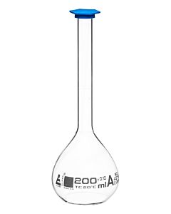 Eisco Labs Volumetric Flask, 200ml - Class A, Astm - Tolerance ±0.120ml - Blue Snap Cap - Single, White Graduation - Borosilicate Glass - Eisco Labs