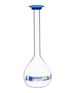 Eisco Labs Volumetric Flask, 250ml - Class A, Astm - Snap Cap - Blue Graduation Mark, Tolerance ±0.120ml - Eisco Labs