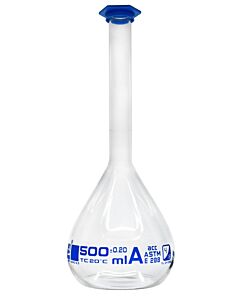 Eisco Labs Volumetric Flask, 500ml - Class A, Astm - Snap Cap - Blue Graduation Mark, Tolerance ±0.200ml - Eisco Labs