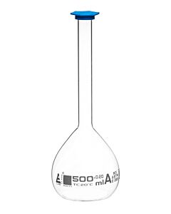 Eisco Labs Volumetric Flask, 500ml - Class A, Astm - Tolerance ±0.200ml - Blue Snap Cap - Single, White Graduation - Borosilicate Glass - Eisco Labs