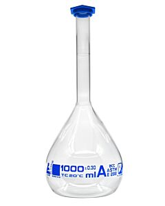 Eisco Labs Volumetric Flask, 1000ml - Astm, Class A - Blue Snap Cap - Borosilicate 3.3 Glass