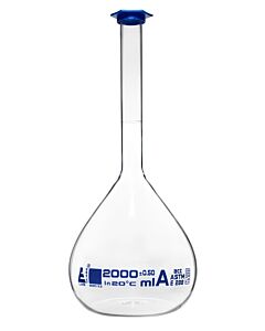 Eisco Labs Volumetric Flask, 2000ml - Astm, Class A Tolerance ±0.50 Ml - Blue Snap Cap - Single, White Graduation, Blue Printed Specifications - Borosilicate 3.3 Glass - Eisco Labs