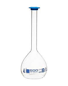 Eisco Labs Volumetric Flask, 500ml - Class B, Astm - Snap Cap - Blue Graduation Mark, Tolerance ±0.400ml - Eisco Labs