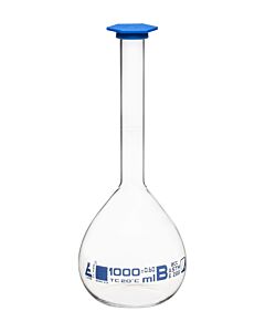 Eisco Labs Volumetric Flask, 1000ml - Class B, Astm - Snap Cap - Blue Graduation Mark, Tolerance ±0.600ml - Eisco Labs