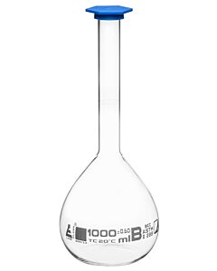 Eisco Labs Volumetric Flask, 1000ml - Class B, Astm - Snap Cap - White Graduation Mark, Tolerance ±0.600ml - Eisco Labs