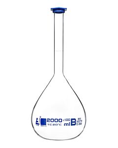 Eisco Labs Volumetric Flask, 2000ml - Astm, Class B Tolerance ±0.1000 Ml - Blue Snap Cap - Single, White Graduation, Blue Printed Specifications - Borosilicate 3.3 Glass - Eisco Labs