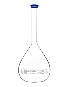Eisco Labs Volumetric Flask, 2000ml - Astm, Class B Tolerance ±0.1000 Ml - Blue Snap Cap - Single, White Graduation, White Printed Specifications - Borosilicate 3.3 Glass - Eisco Labs