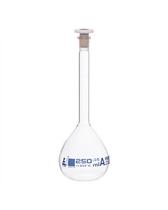 Eisco Labs Volumetric Flask, 250ml - Class A - 14/23 Polyethylene Stopper, Borosilicate Glass - Blue Graduation, Tolerance ±0.150 - Eisco Labs
