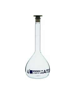 Eisco Labs Volumetric Flask, 1000ml - Class A - 24/29 Polyethylene Stopper, Borosilicate Glass - Blue Graduation, Tolerance ±0.400 - Eisco Labs