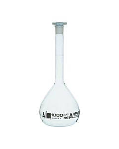 Eisco Labs Volumetric Flask, 1000ml - Class A - 24/29 Polyethylene Stopper, Borosilicate Glass - White Graduation, Tolerance ±0.400 - Eisco Labs