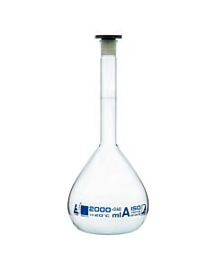 Eisco Labs Volumetric Flask, 2000ml - Class A - 29/32 Polyethylene Stopper, Borosilicate Glass - Blue Graduation, Tolerance ±0.600 - Eisco Labs