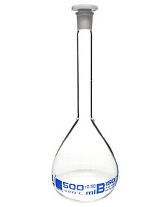 Eisco Labs Volumetric Flask, 500ml - Class B - 19/26 Polyethylene Stopper, Borosilicate Glass - Blue Graduation, Tolerance ±0.500 - Eisco Labs