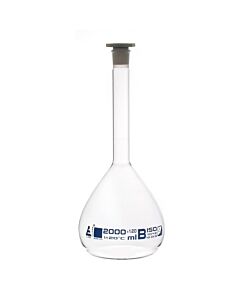 Eisco Labs Volumetric Flask, 2000ml - Class B - 29/32 Polyethylene Stopper, Borosilicate Glass - Blue Graduation, Tolerance ±1.200 - Eisco Labs