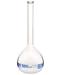 Eisco Labs Volumetric Flask, 500ml - Class B - Borosilicate Glass - Blue Graduation, Tolerance ±0.500 - No Stopper, Beaded Rim - Eisco Labs