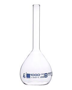 Eisco Labs Volumetric Flask, 1000ml - Class B - Borosilicate Glass - Blue Graduation, Tolerance ±0.800 - No Stopper, Beaded Rim - Eisco Labs